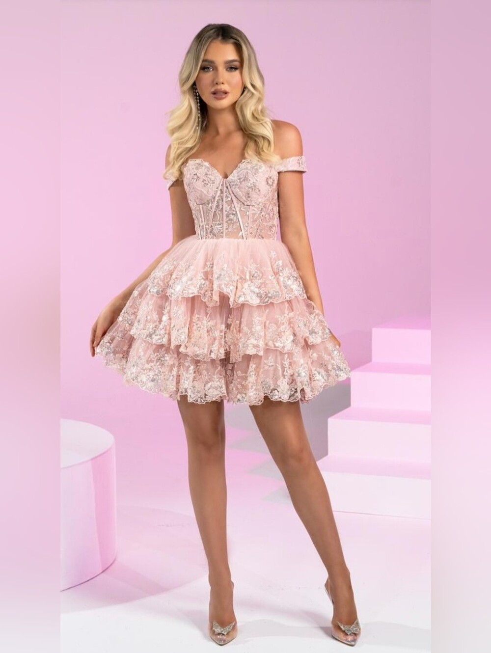 Portia and Scarlett PS24405 Sz 16 Blush Pink Off-Shoulder Lace Tiered Mini Dress